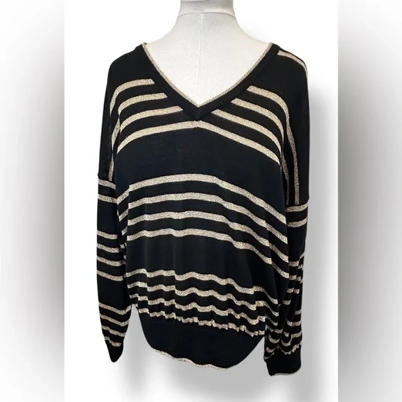 Laurette Women’s Striped V-Neck Sweater VTG Wool Blend Black/Metallic Gold 2X - Picture 2 of 11